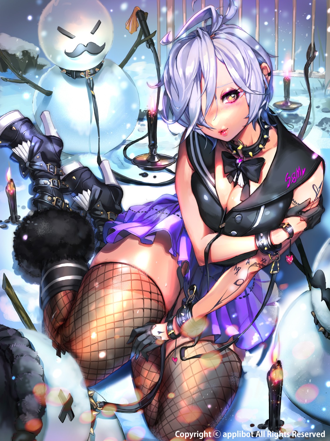 breast_hold, cleavage, fishnets, furyou_michi_~gang_road~, heels, imp, tattoo, thighhighs