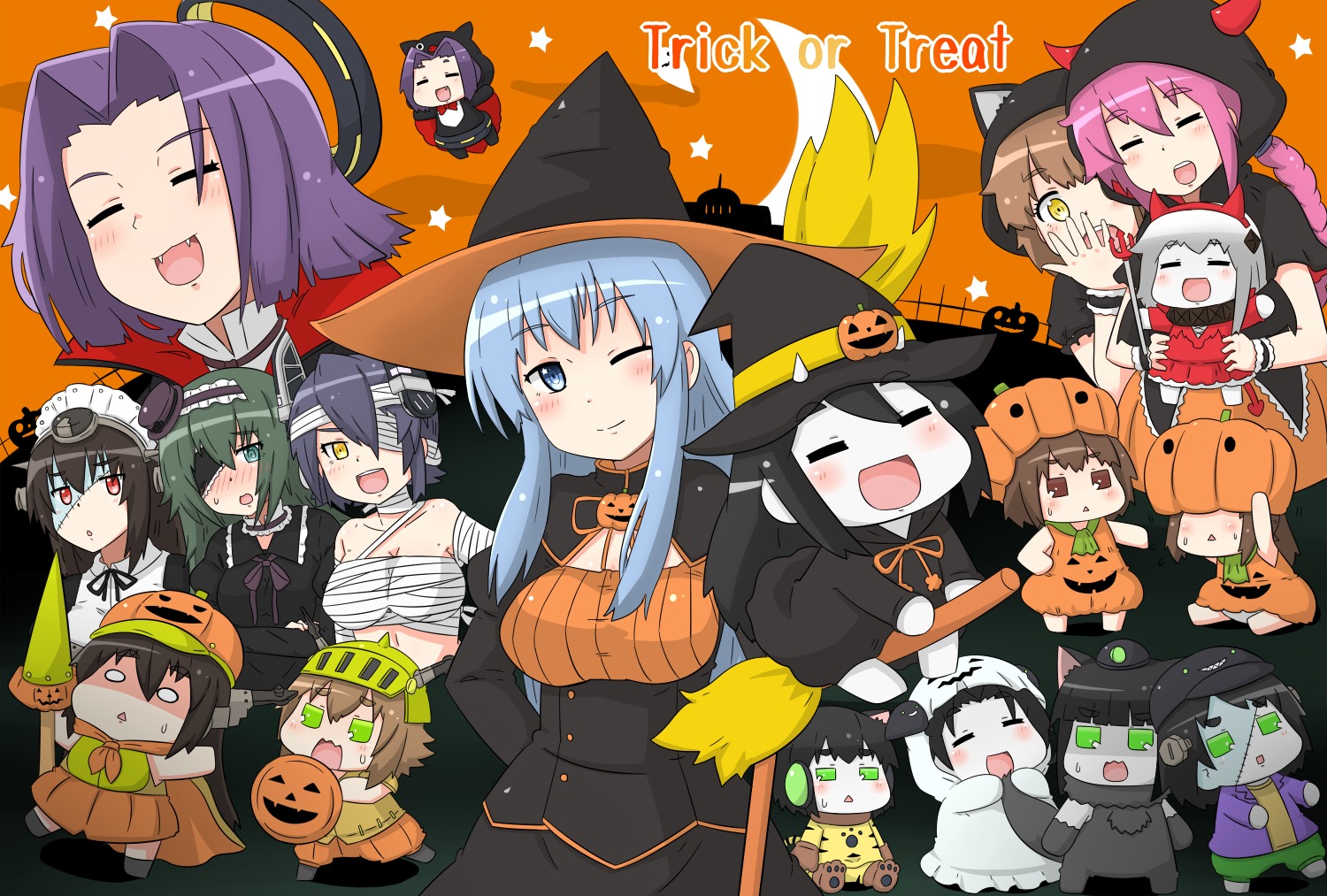 bandages, battleship-symbiotic_hime, chibi, cleavage, dress, eyepatch, female_admiral_(kancolle), halloween