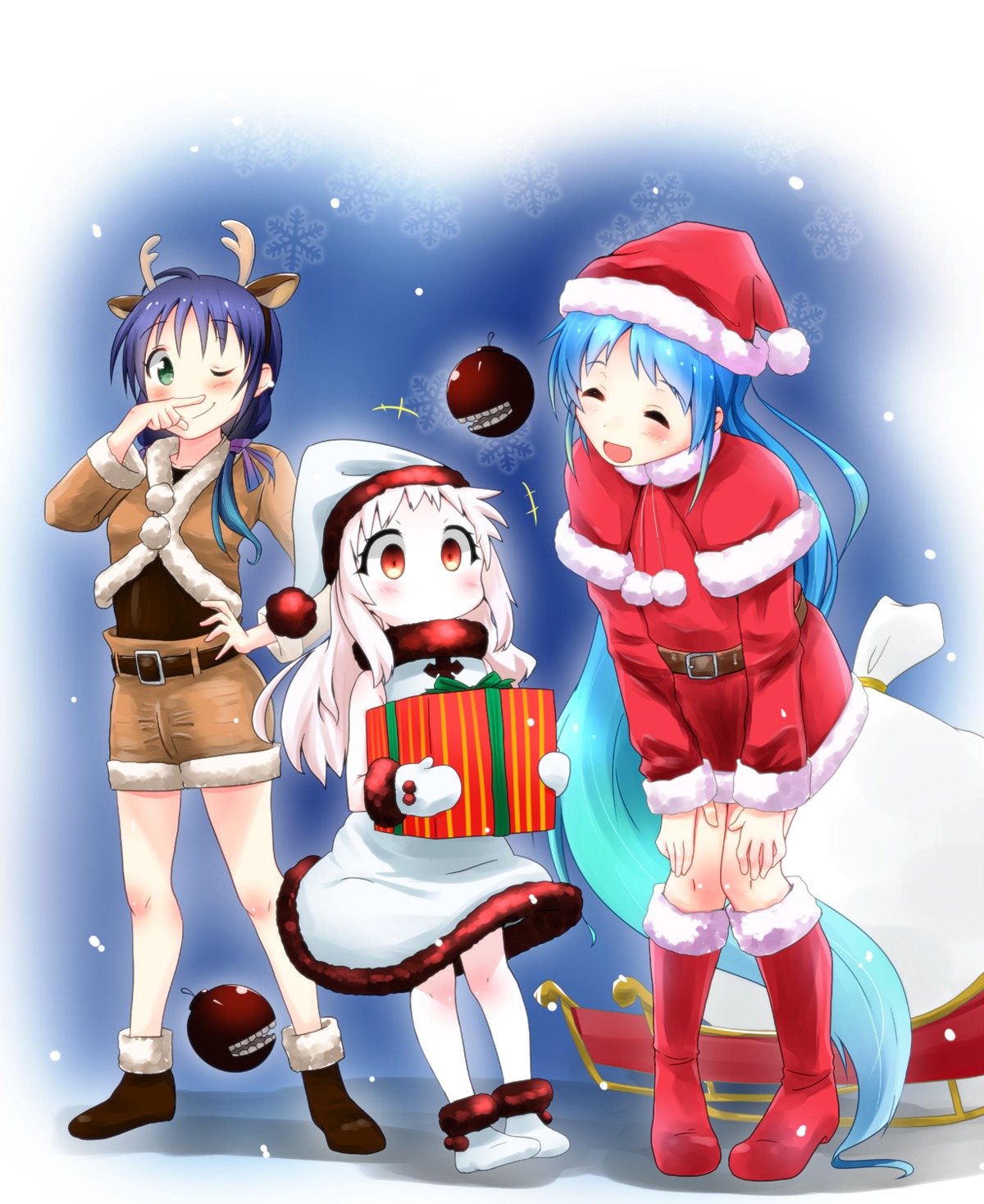 animal_ears, christmas, dress, horns, kantai_collection, northern_ocean_hime, samidare_(kancolle), suzukaze_(kancolle), yokoshima_(euphoria)