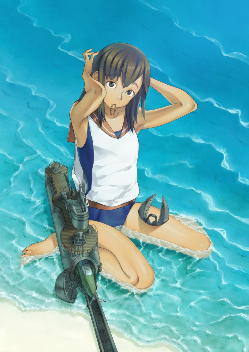 feet, harmaline, i-401_(kancolle), kantai_collection, school_swimsuit, seifuku, swimsuits, wet