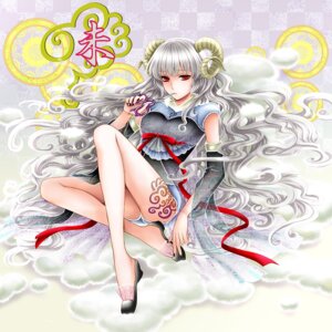 heels, horns, japanese_clothes, pantsu, see_through, tattoo, wool