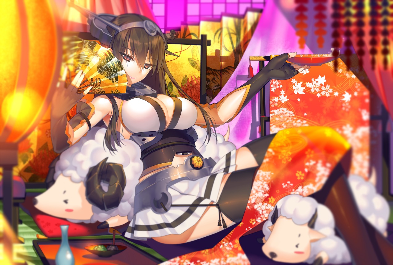 cleavage, hullabaloo, kantai_collection, nagato_(kancolle), sake, stockings, thighhighs