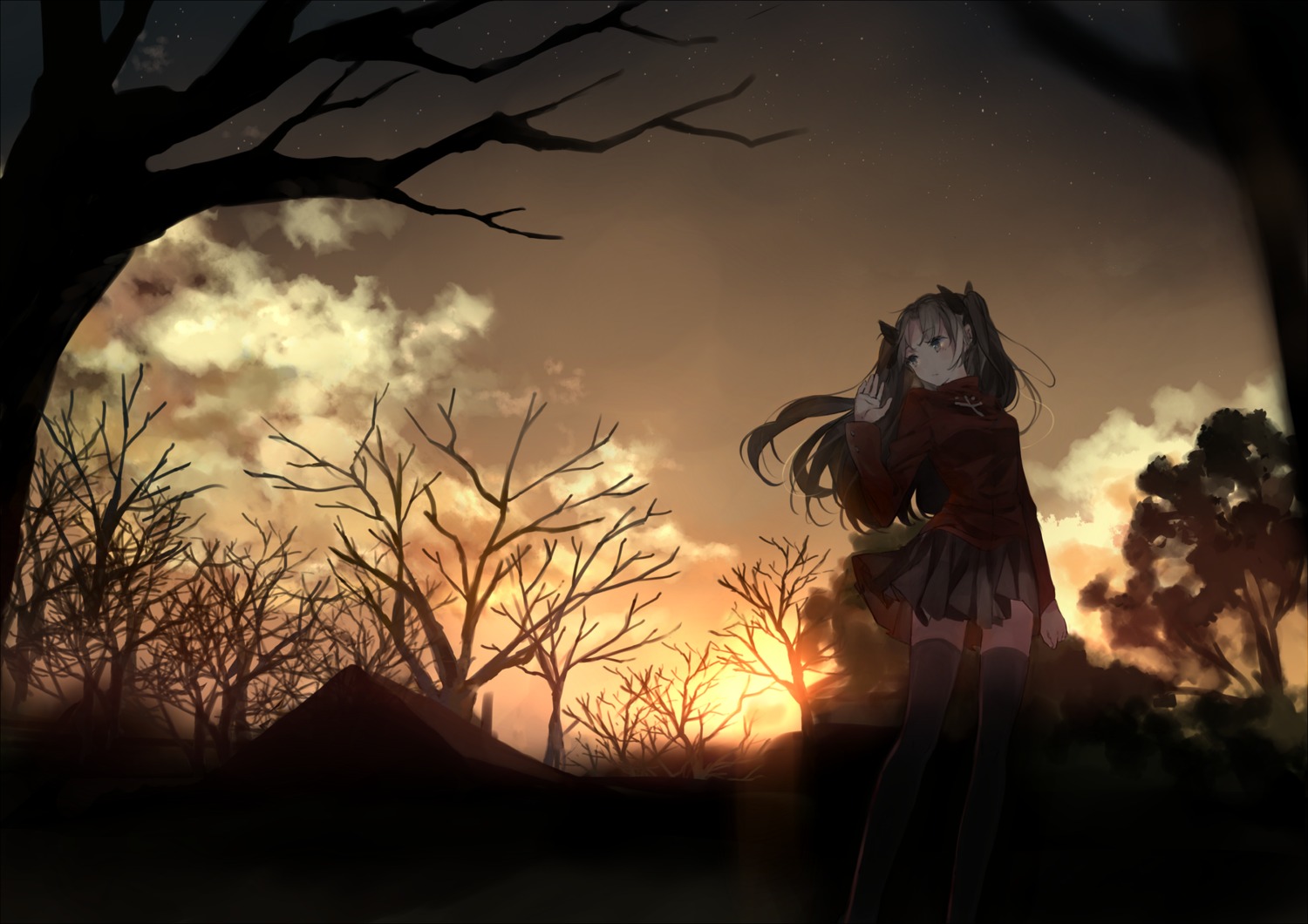 bou_shaku, fate/stay_night, landscape, thighhighs, toosaka_rin