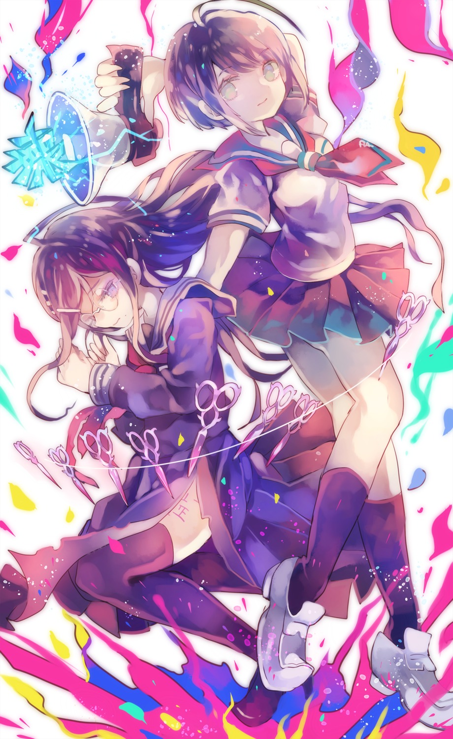 cha_goma, dangan-ronpa, fukawa_touko, megane, naegi_komaru, seifuku, thighhighs, zettai_zetsubou_shoujo