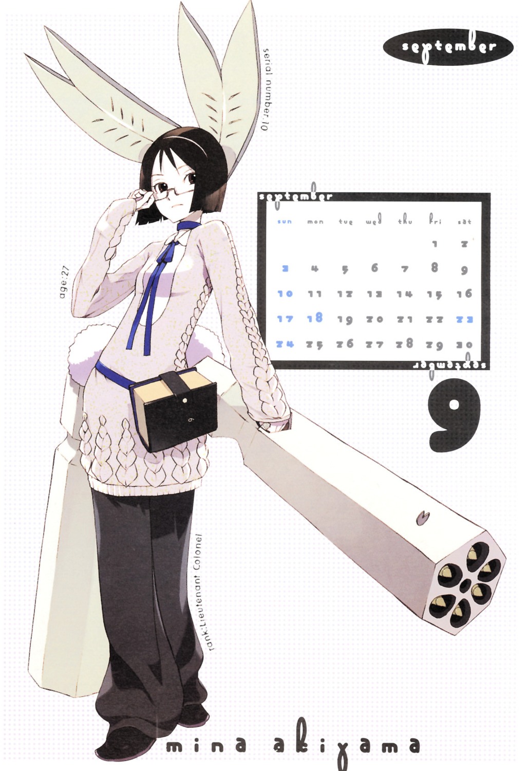 akiyama_mina, animal_ears, bunny_ears, calendar, getsumen_to_heiki_mina, gun, megane, okama