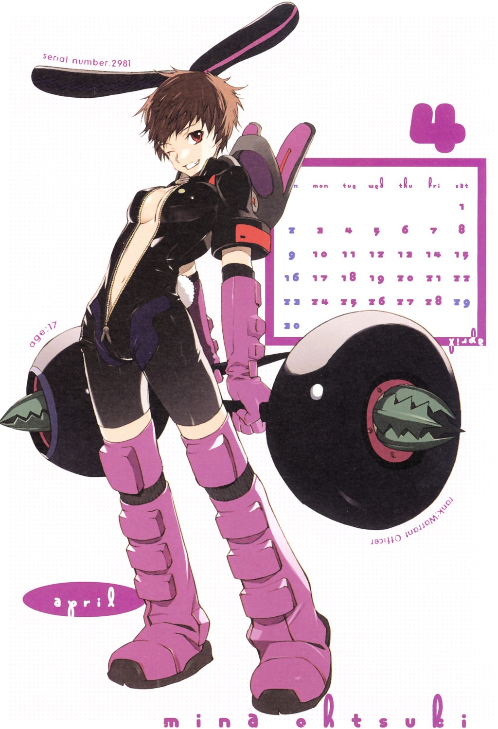 animal_ears, bodysuit, bunny_ears, calendar, cleavage, getsumen_to_heiki_mina, no_bra, okama