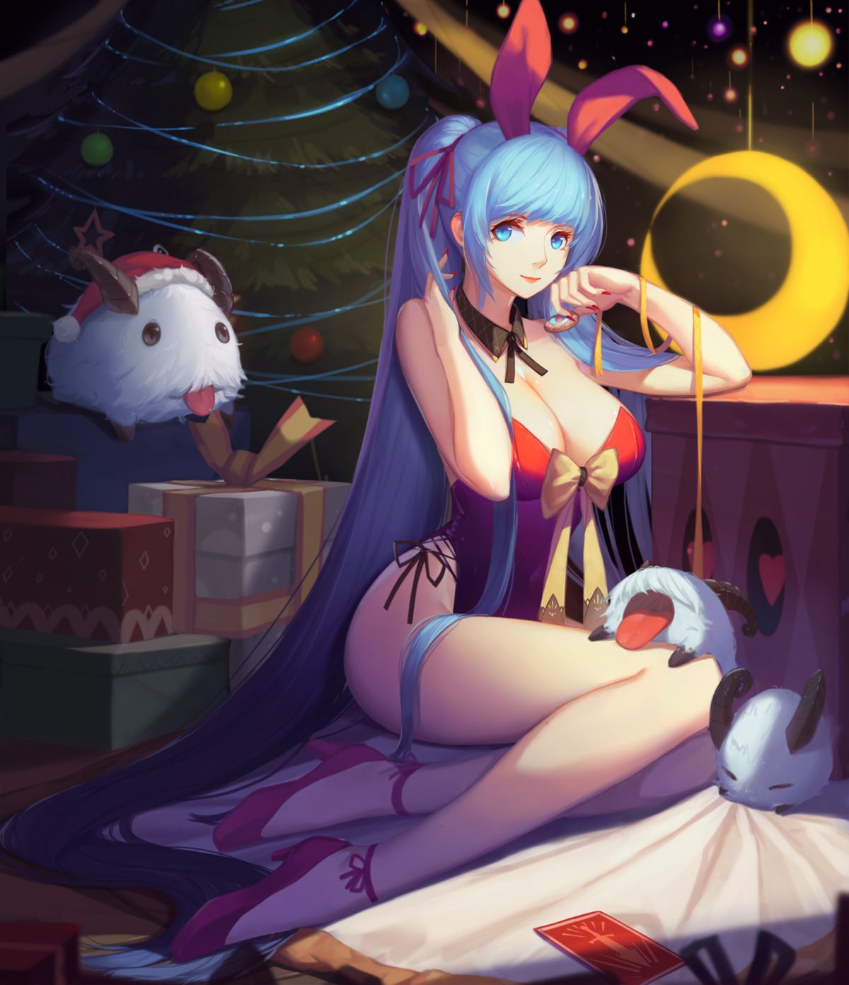 animal_ears, bunny_ears, bunny_girl, christmas, cleavage, heels, helic_(7317helic), league_of_legends, pantsu, poro_(league_of_legends), sona_buvelle, string_panties