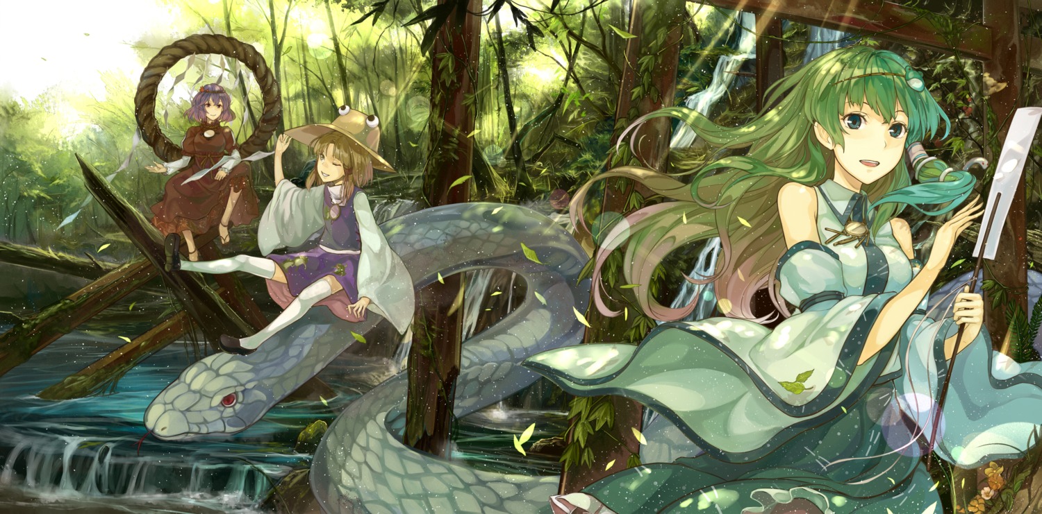 dress, kazabana_fuuka, kochiya_sanae, moriya_suwako, thighhighs, touhou, yasaka_kanako