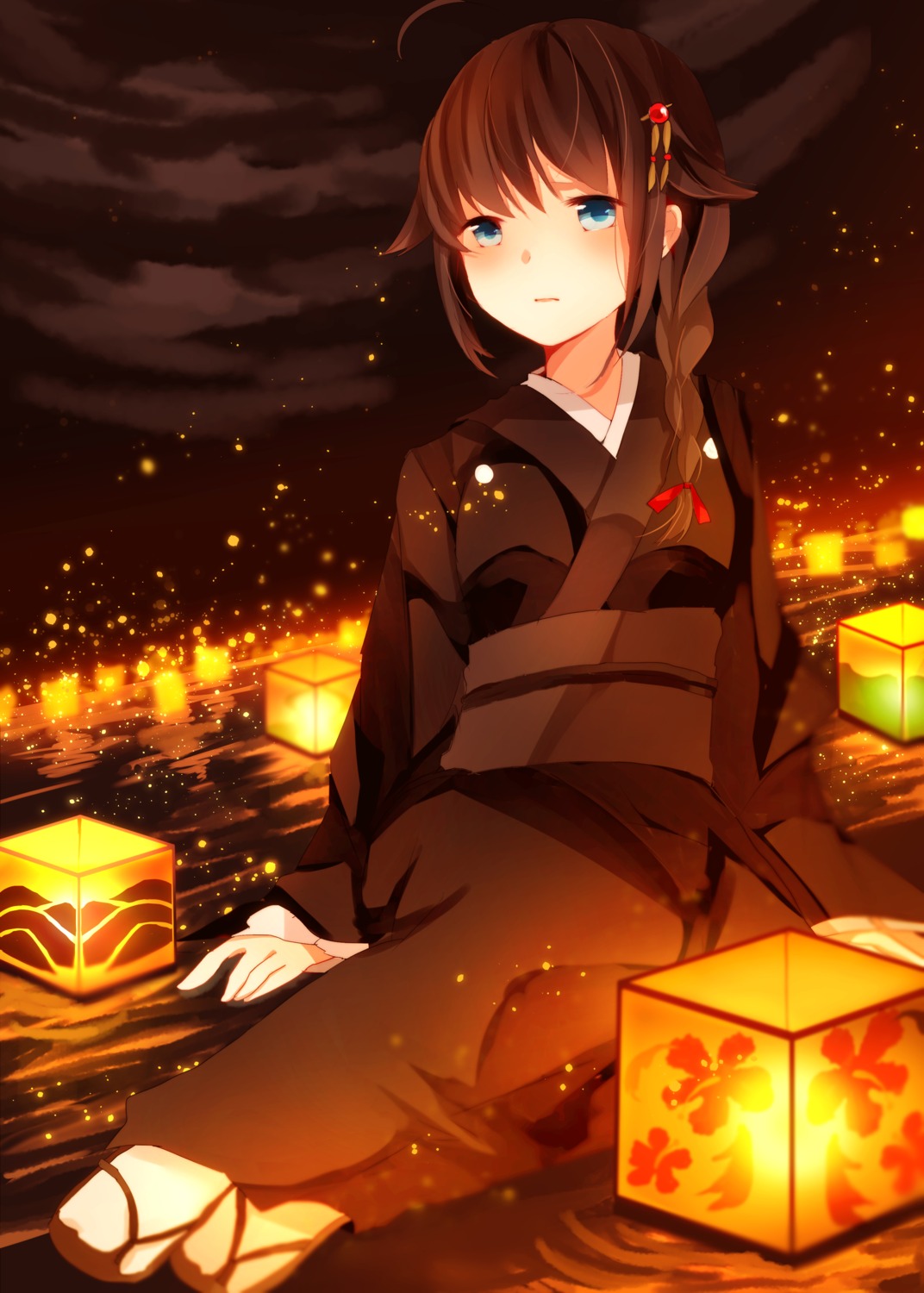 kantai_collection, kimono, kumahara, landscape, shigure_(kancolle)