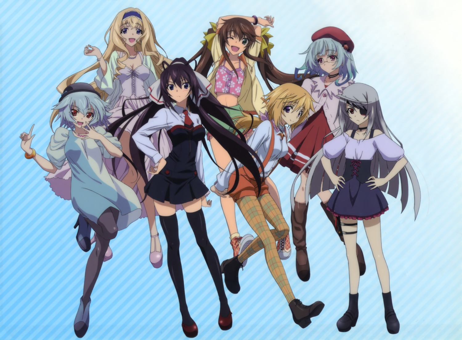 cecilia_alcott, charlotte_dunois, cleavage, dress, eyepatch, heels, huang_lingyin, infinite_stratos, infinite_stratos_2, laura_bodewig, megane, pantyhose, sarashiki_kanzashi, sarashiki_tatenashi, seifuku, shinonono_houki, thighhighs