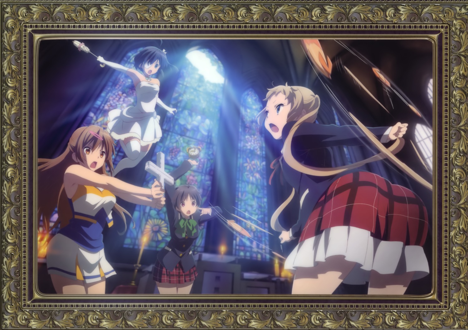 ass, cheerleader, chuunibyou_demo_koi_ga_shitai!, dekomori_sanae, dress, eyepatch, nibutani_shinka, seifuku, takanashi_rikka, thighhighs, tsuyuri_kumin, umbrella, urata_yoshinori