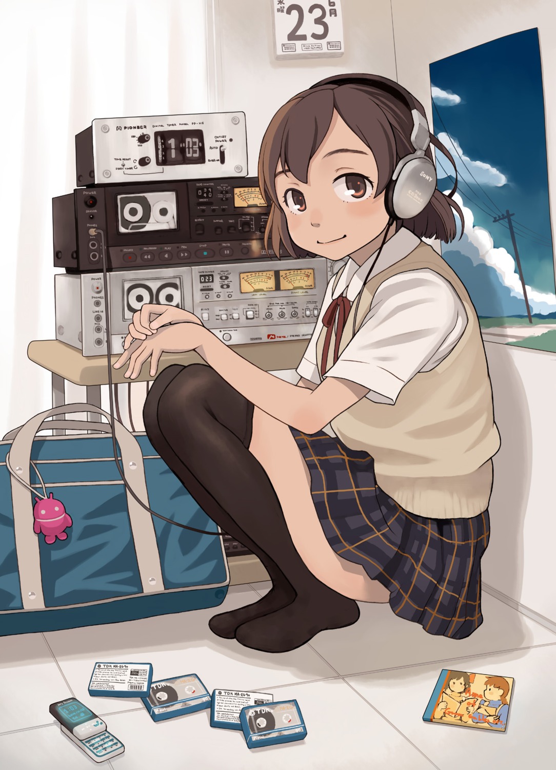 headphones, neyuki_rei, seifuku, thighhighs