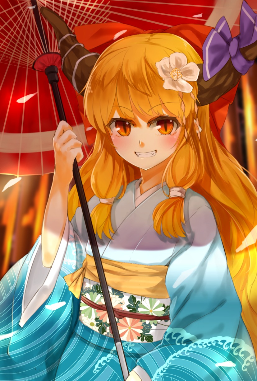 horns, ibuki_suika, kimono, nishiuri, touhou, umbrella