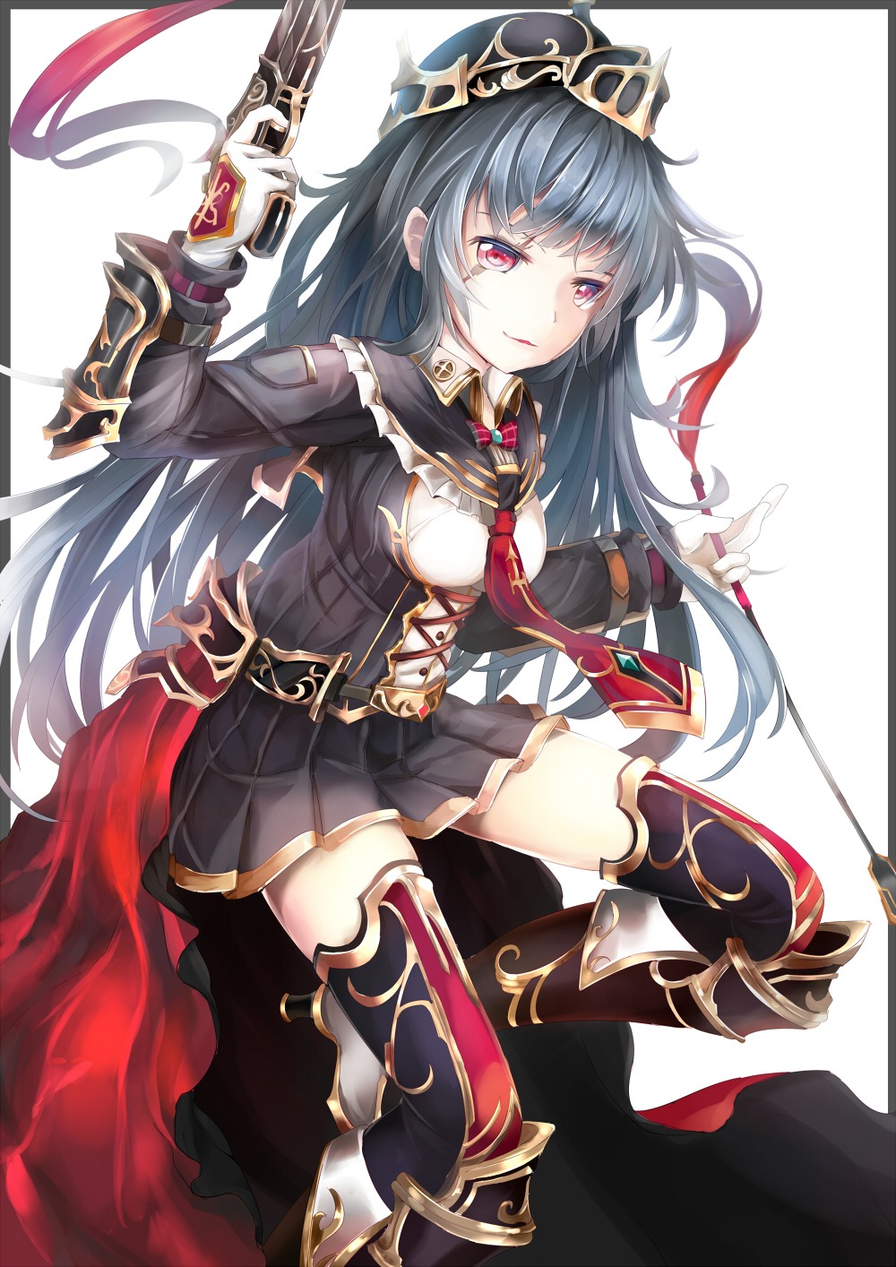 armor, dress, genjin, gun, heels, thighhighs