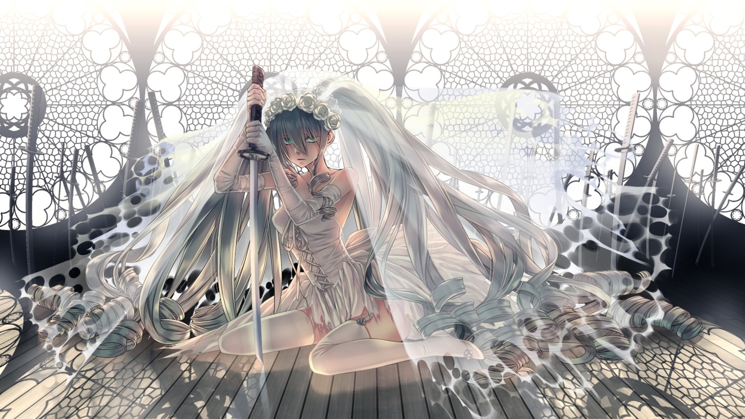 cleavage, dress, hatsune_miku, heels, shijuuhachi, stockings, sword, thighhighs, torn_clothes, vocaloid, wallpaper, wedding_dress
