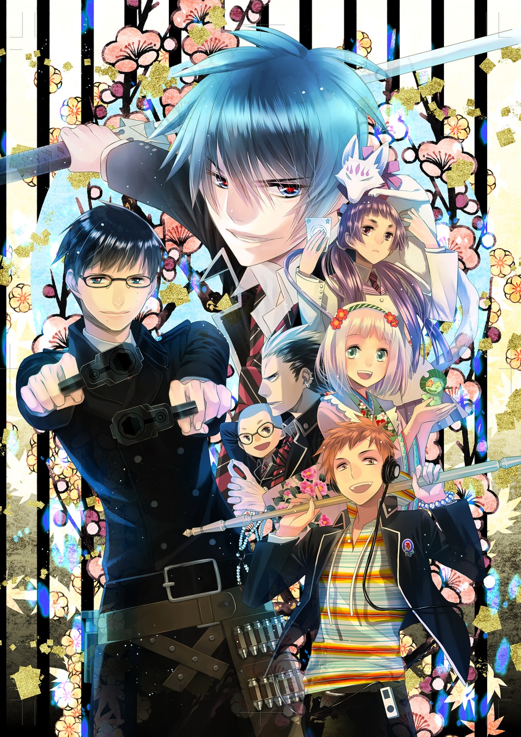 ao_no_exorcist, gun, kamiki_izumo, kimono, megane, miwa_konekomaru, moriyama_shiemi, okumura_rin