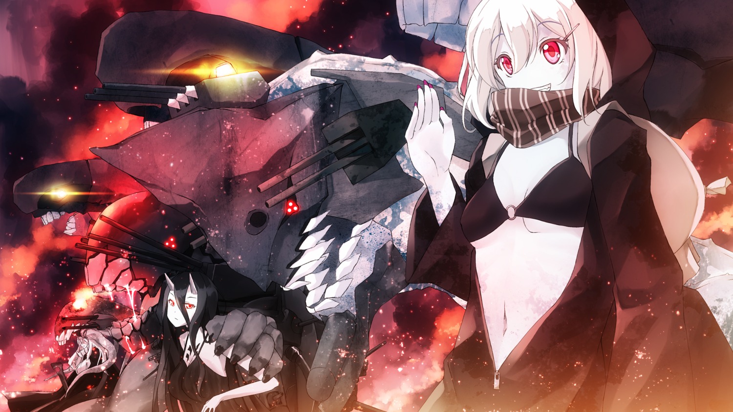 battleship-symbiotic_hime, bikini_top, cleavage, dress, horns, kantai_collection, o_daizen, open_shirt, re-class_battleship, swimsuits, tattoo, underboob, wo-class_aircraft_carrier
