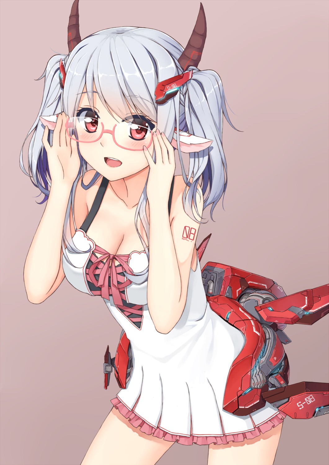 animal_ears, cleavage, dress, horns, megane, tattoo, terras