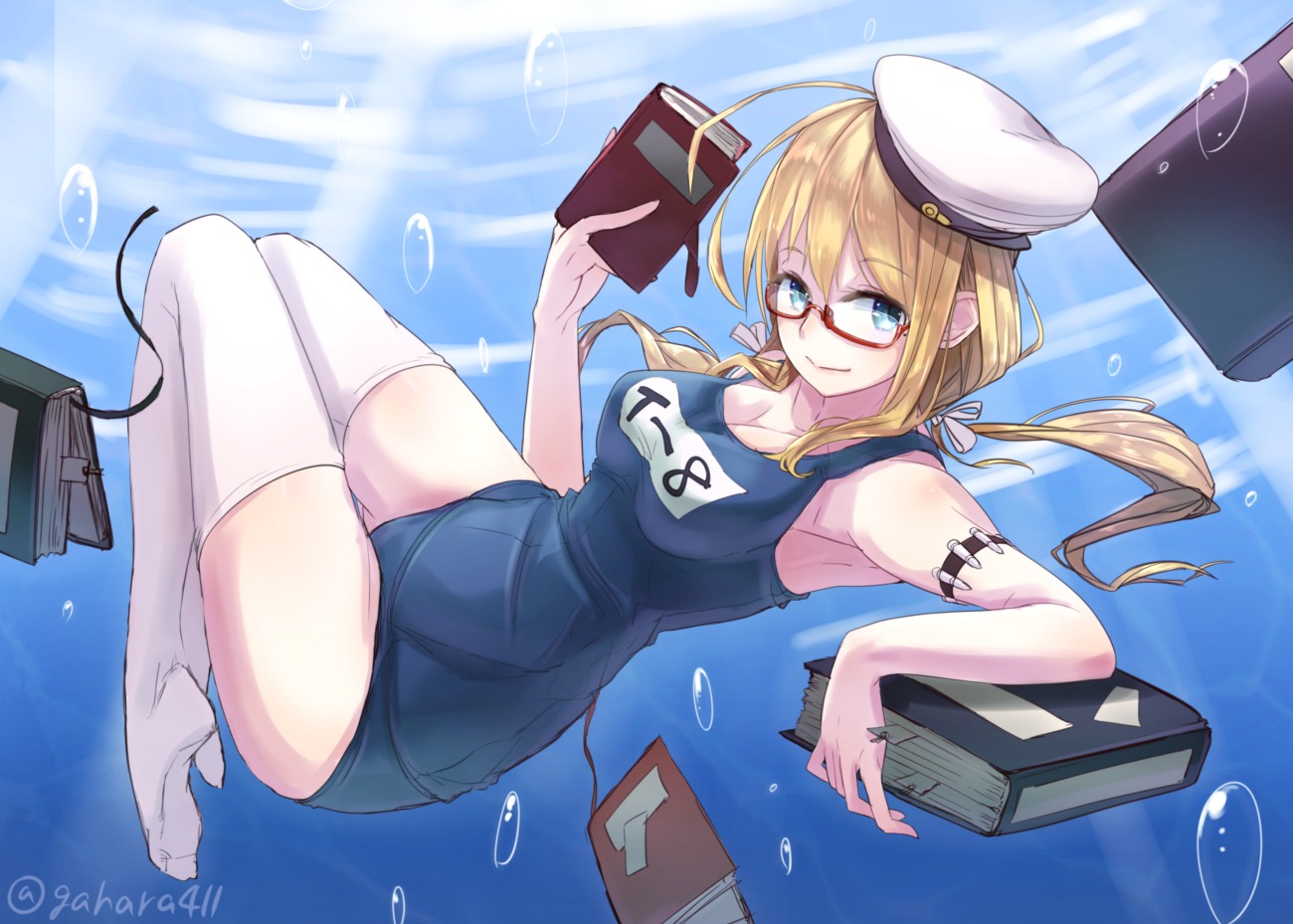 cleavage, i-8_(kancolle), kantai_collection, kt._(kaisou-notagui), megane, school_swimsuit, swimsuits, thighhighs