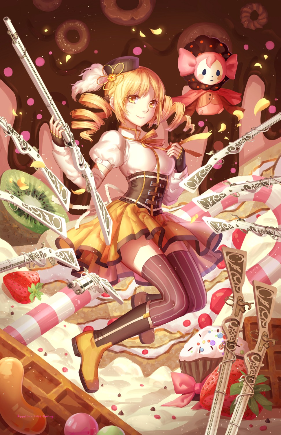 charlotte_(madomagi), gun, kyurin_(sunnydelight), mahou_shoujo_madoka_magica, thighhighs, tomoe_mami