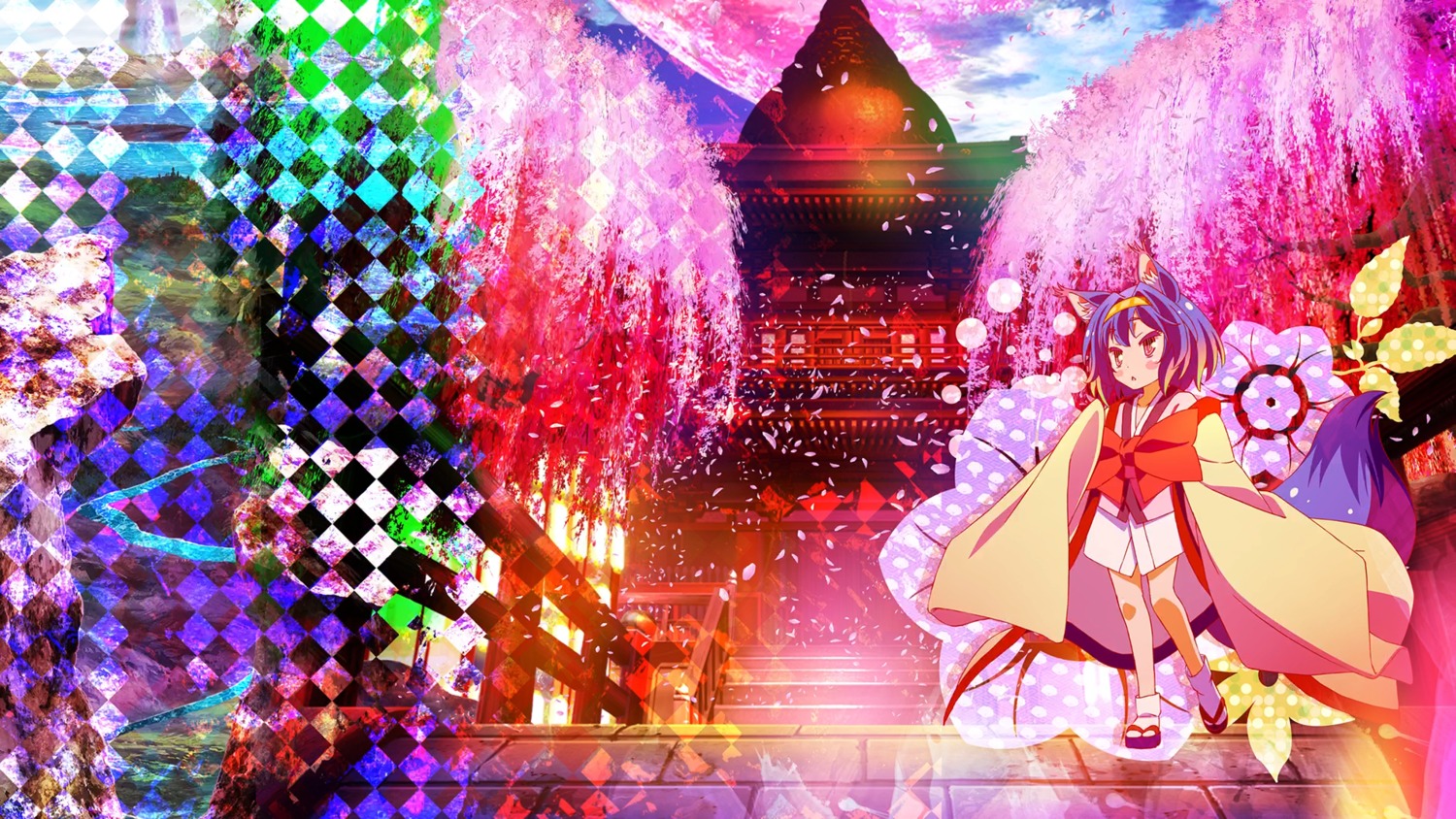animal_ears, hatsuse_izuna, japanese_clothes, kimono, landscape, no_game_no_life, tail, wallpaper