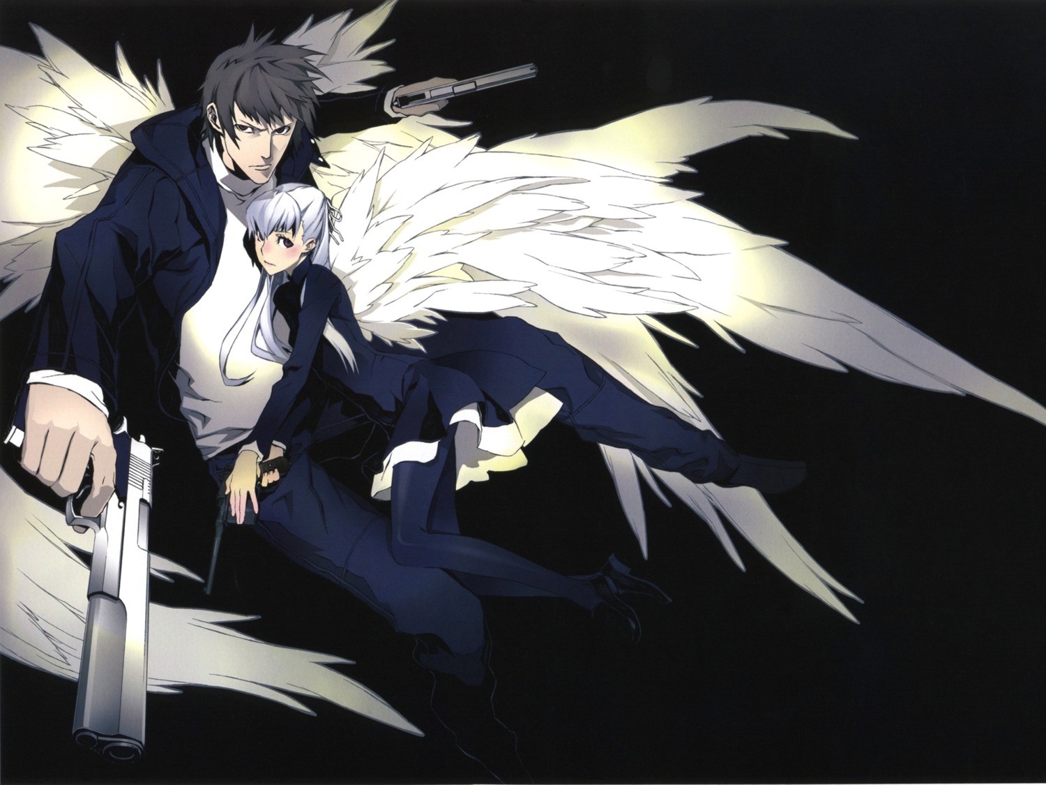 angelos_armas, dress, gun, henri, miwa_shirow, pantyhose, wim, wings