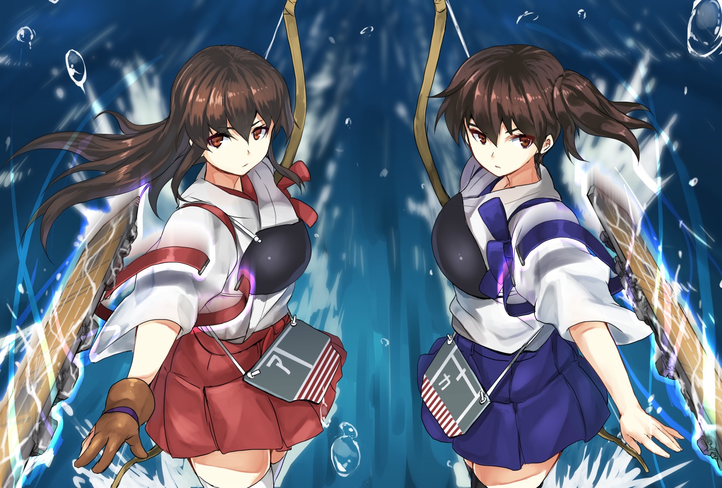 akagi_(kancolle), kaga_(kancolle), kantai_collection, magu_(mugsfc), thighhighs, weapon