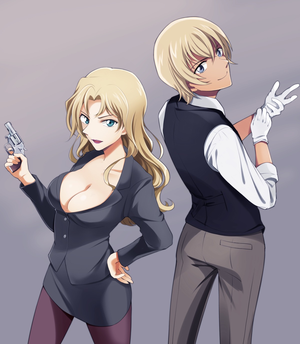adope, business_suit, cleavage, furuya_rei, gun, meitantei_conan, no_bra, pantyhose, vermouth_(meitantei_conan)
