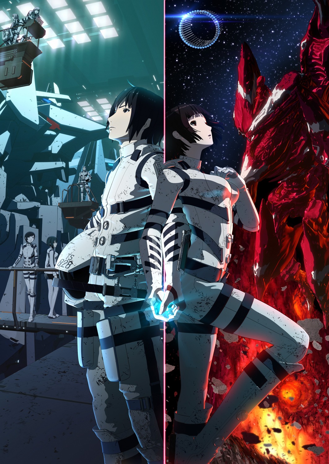 bodysuit, en_honoka, gun, hoshijiro_shizuka, izana_shinatose, mecha, monster, monster_girl, norio_kunato, sidonia_no_kishi, tanikaze_nagate, weapon, yuhata_midorikawa