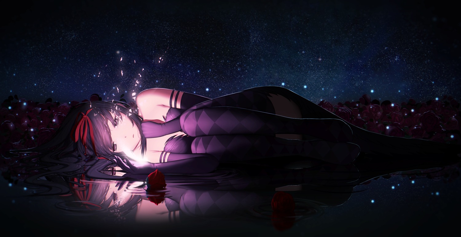 akemi_homura, cleavage, mahou_shoujo_madoka_magica, maredoro, thighhighs, wet
