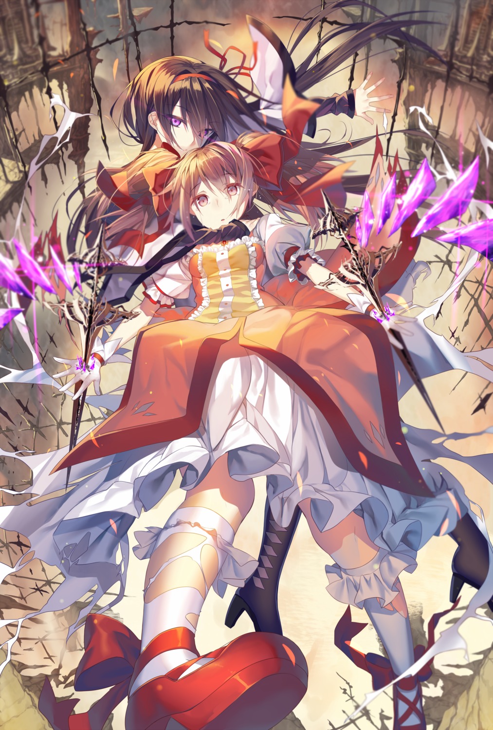 akemi_homura, dress, hullabaloo, kaname_madoka, mahou_shoujo_madoka_magica, torn_clothes, weapon