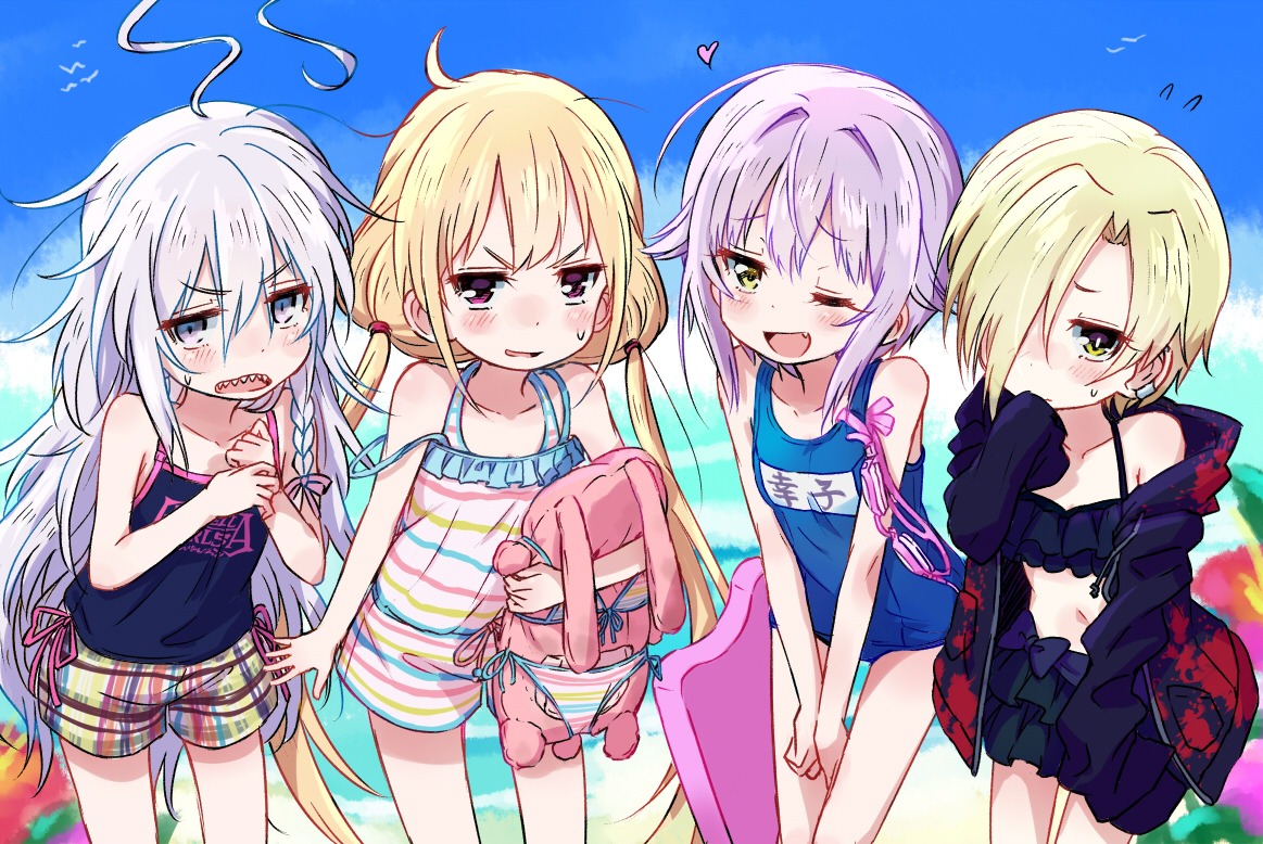 bikini, bikini_top, futaba_anzu, hoshi_shouko, kingin, koshimizu_sachiko, school_swimsuit, shirasaka_koume