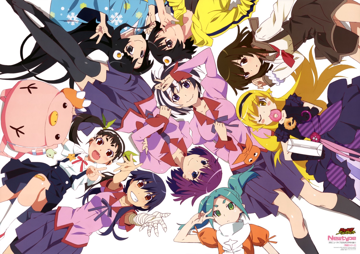 araragi_karen, araragi_tsukihi, bakemonogatari, bandages, bandaid, dress, hachikuji_mayoi, hanekawa_tsubasa, kanbaru_suruga, monogatari_(series), niigaki_kazunari, ononoki_yotsugi, oshino_shinobu, seifuku, sengoku_nadeko, senjougahara_hitagi, thighhighs, yukata