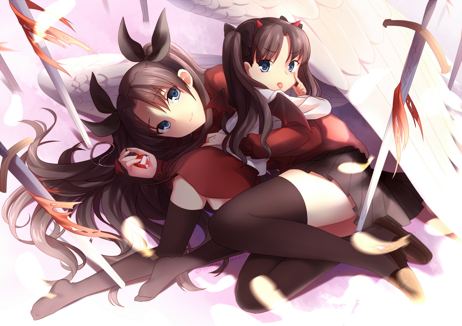 fate/stay_night, fate/zero, horns, kyuri_tizu, sword, thighhighs, toosaka_rin, wings