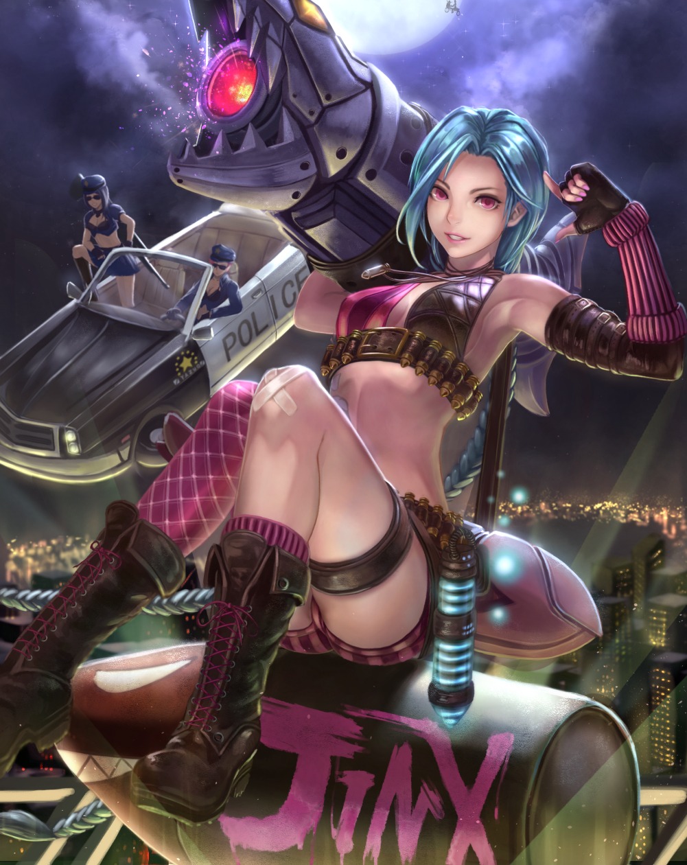 bikini_top, caitlyn, cleavage, gun, heels, jinx, league_of_legends, police_uniform, swimsuits, vi_(league_of_legends), weapon, yazuwo
