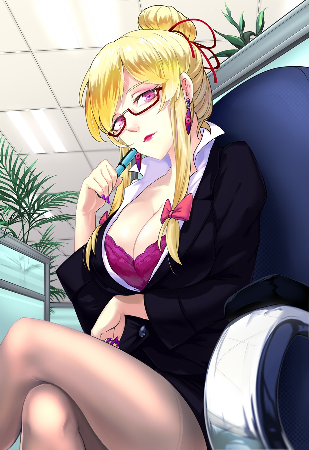 bra, business_suit, cleavage, hunluan_zhongli, megane, open_shirt, pantyhose, touhou, yakumo_yukari