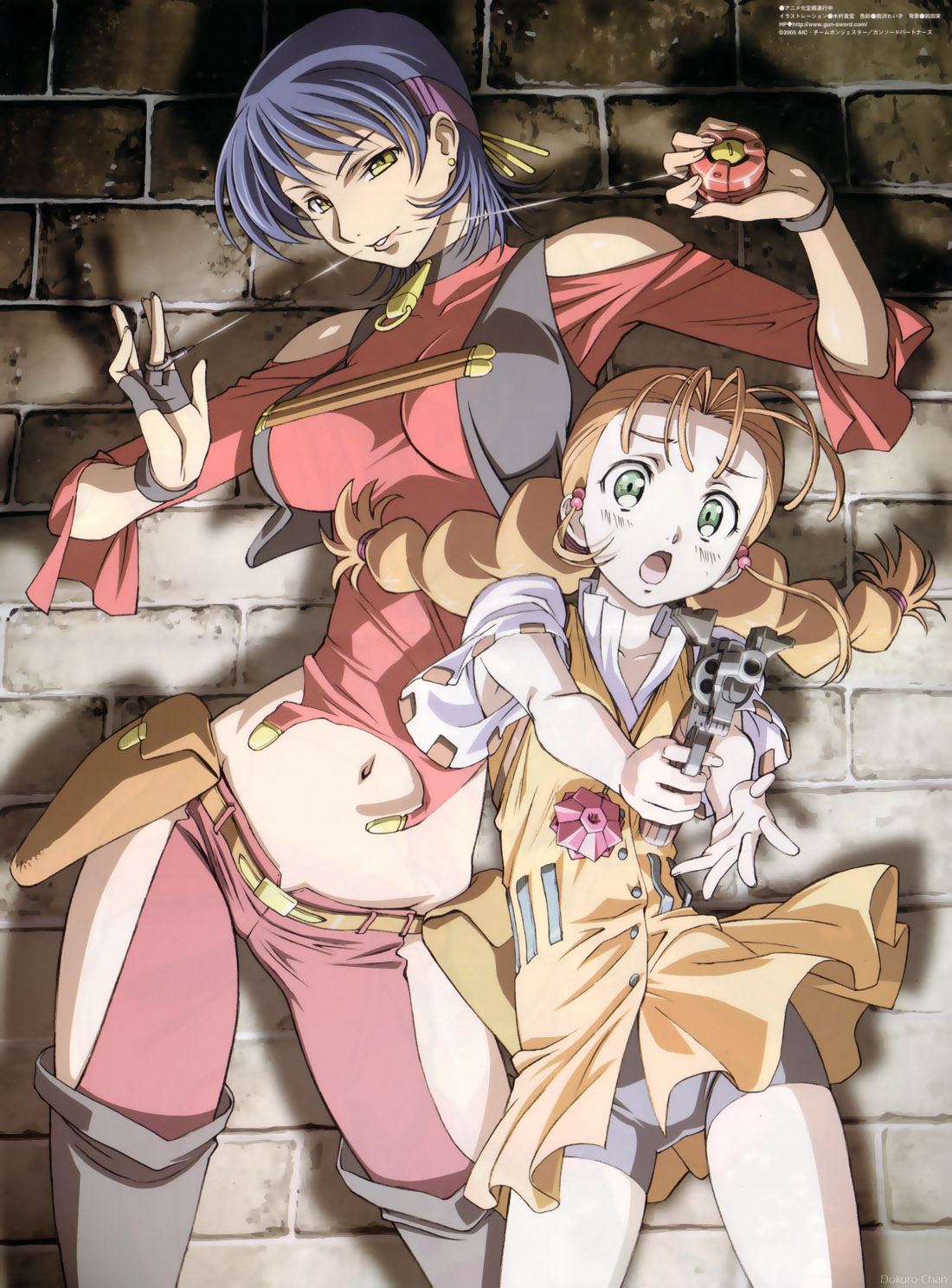 bike_shorts, carmen_99, dress, gun, gun_x_sword, kameo, kimura_takahiro, thighhighs, watermark, wendy_garret