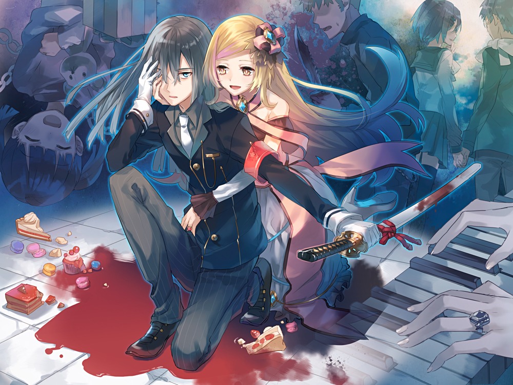 blood, dress, eihi, seifuku, sword, thighhighs