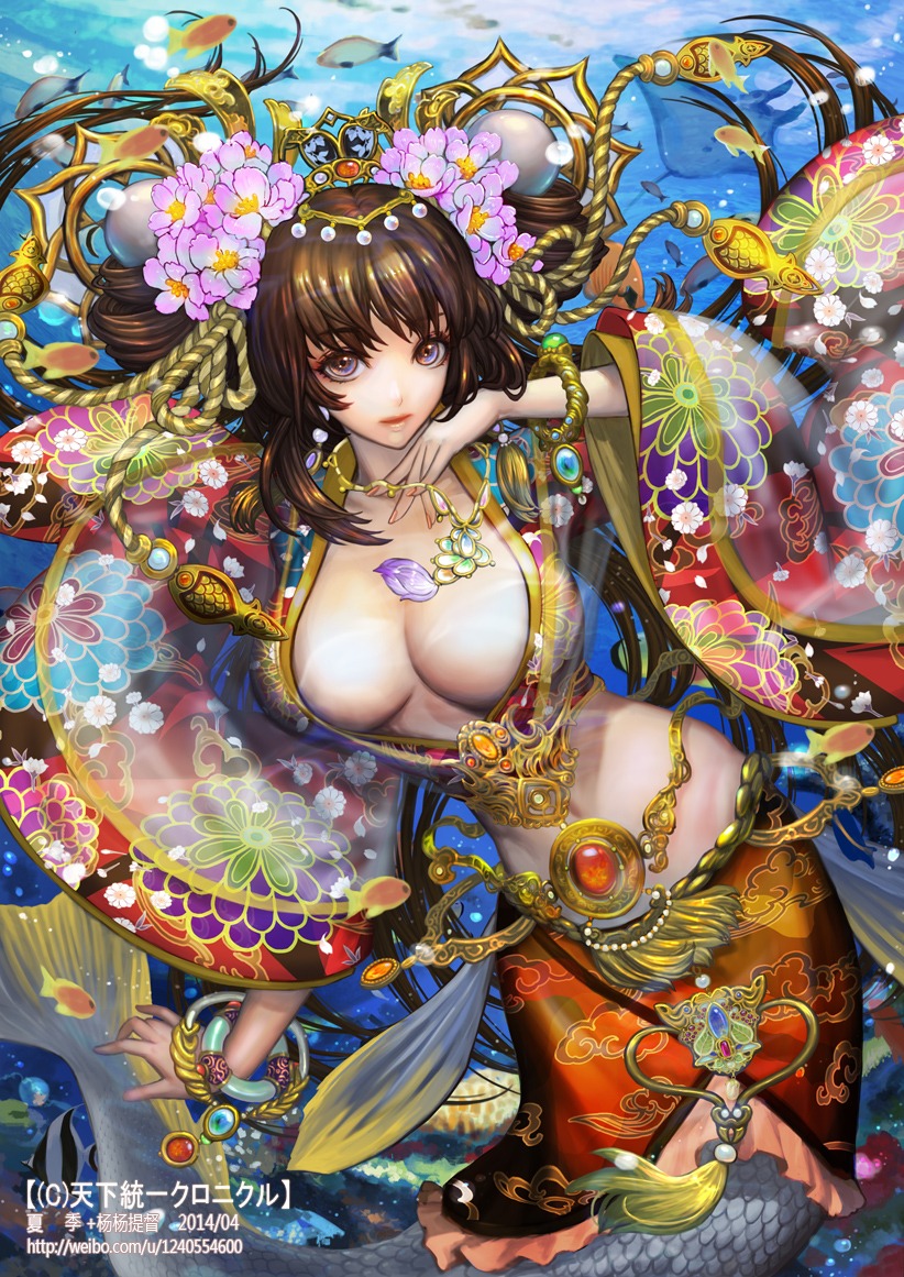 cleavage, mermaid, monster_girl, no_bra, open_shirt, tail, tenka_touitsu_chronicle, xiaji