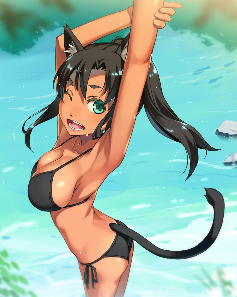 animal_ears, ass, bikini, cleavage, kimura_(ykimu), nekomimi, swimsuits, tail