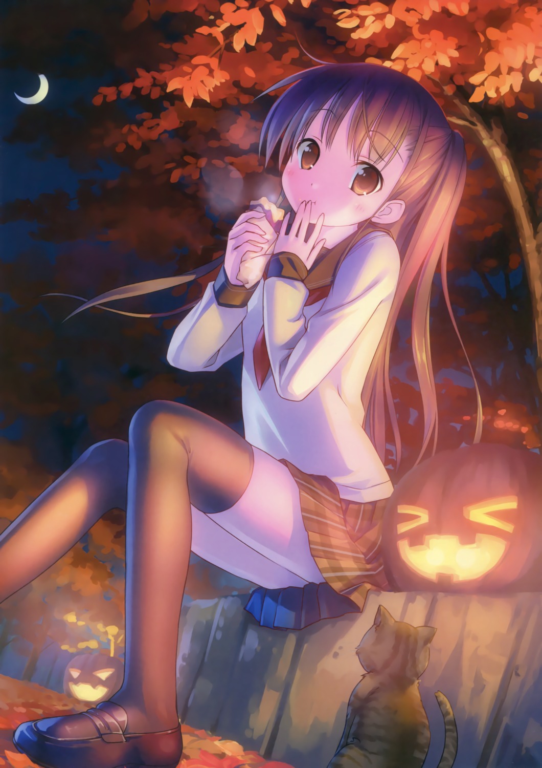 halloween, kogemashita, neko, seifuku, takoyaki, thighhighs