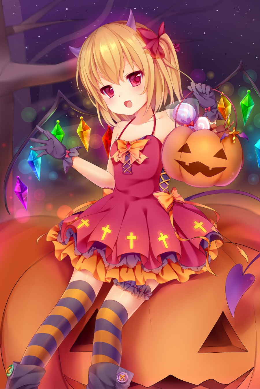 dress, flandre_scarlet, garter, halloween, horns, nachi, thighhighs, touhou