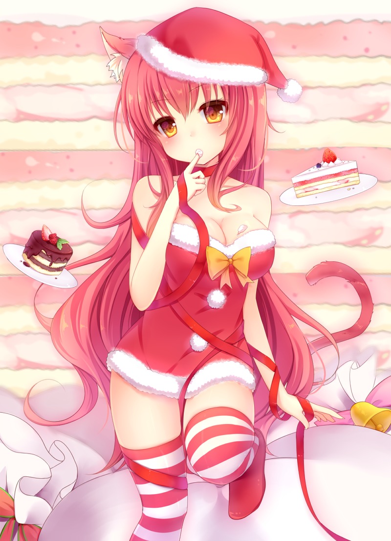 animal_ears, christmas, cleavage, cream, dress, nachi, nekomimi, tail, thighhighs