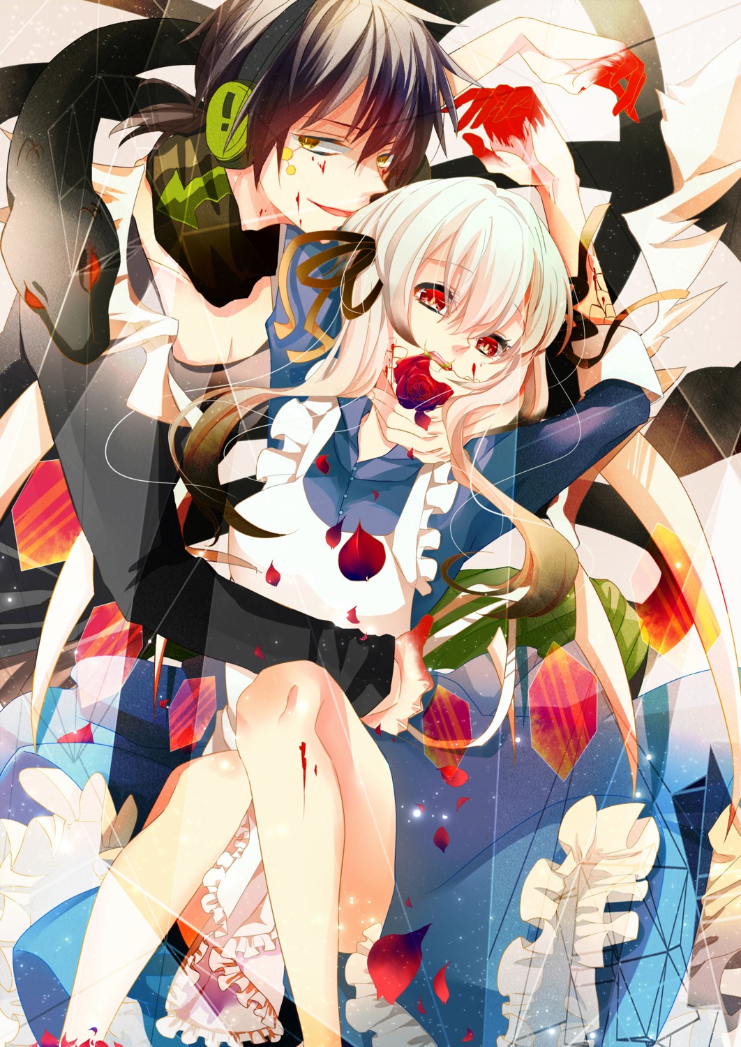 blood, dress, headphones, kagerou_project, kokonose_haruka, kozakura_mary, kuroha_(kagerou), togashi