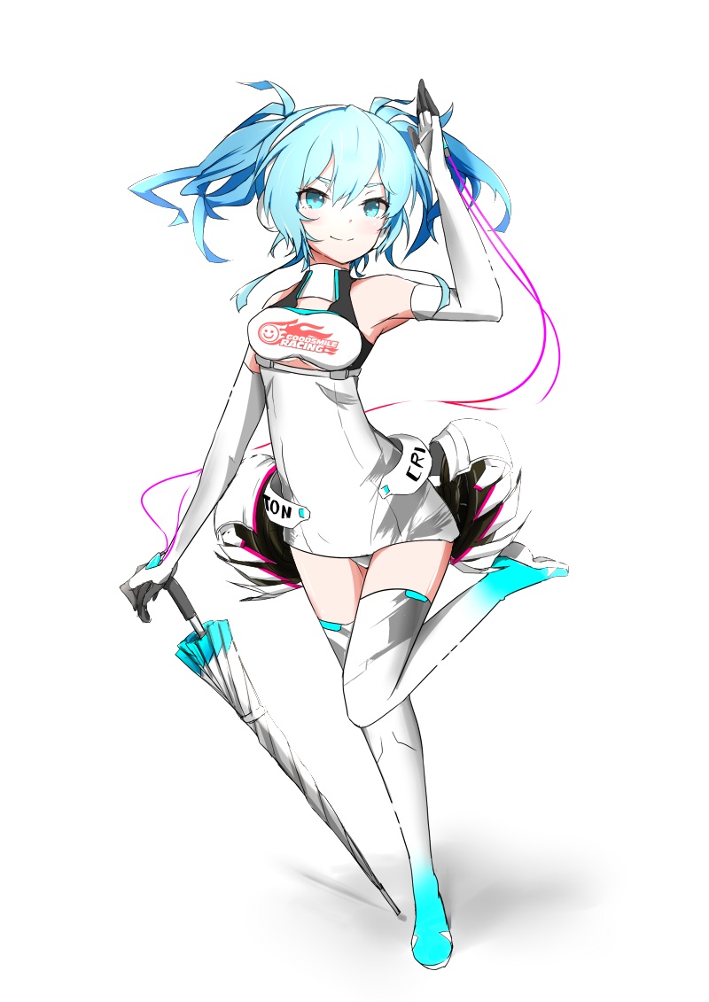 dress, goodsmile_racing, hatsune_miku, pantsu, racing_miku, rua_(abcd29211), thighhighs, umbrella, vocaloid