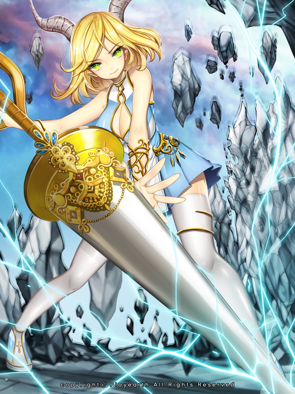 cleavage, dress, horns, kaizin_rumble, primcoco, thighhighs, weapon
