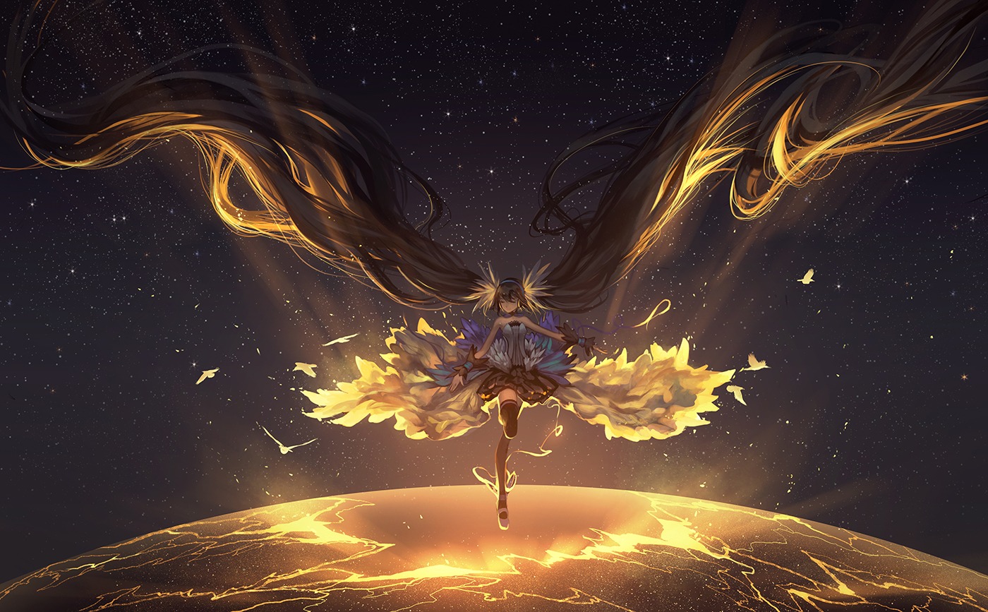 7th_dragon, 7th_dragon_2020, dress, hanyijie, hatsune_miku, landscape, thighhighs, vocaloid