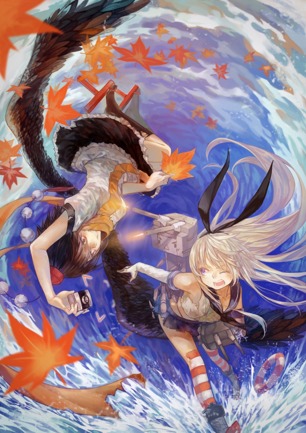 crossover, kantai_collection, mister_rhino, rensouhou-chan, shameimaru_aya, shimakaze_(kancolle), thighhighs, thong