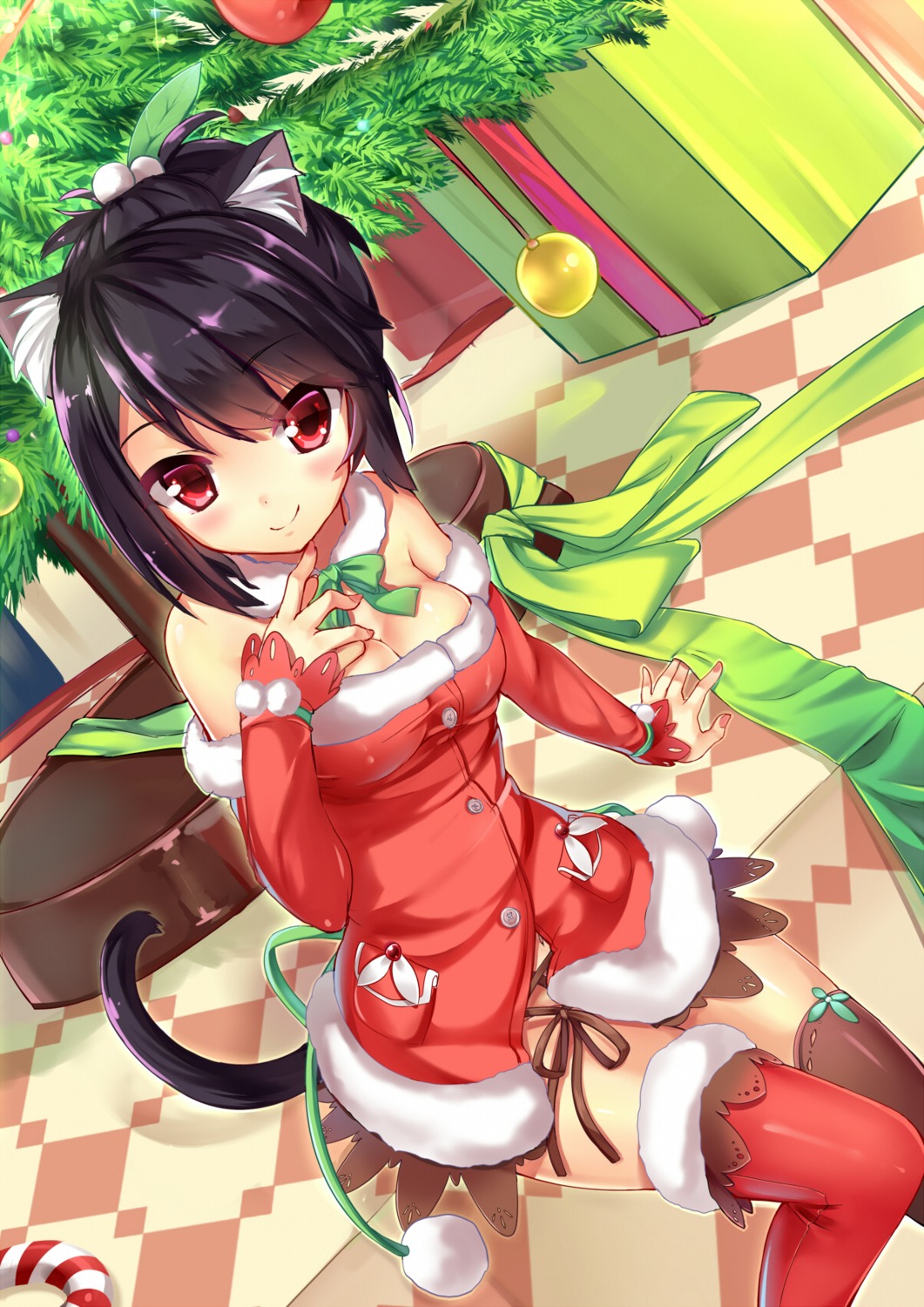 animal_ears, christmas, cleavage, dress, kaede_(yumesaki_kaede), nekomimi, tail, thighhighs