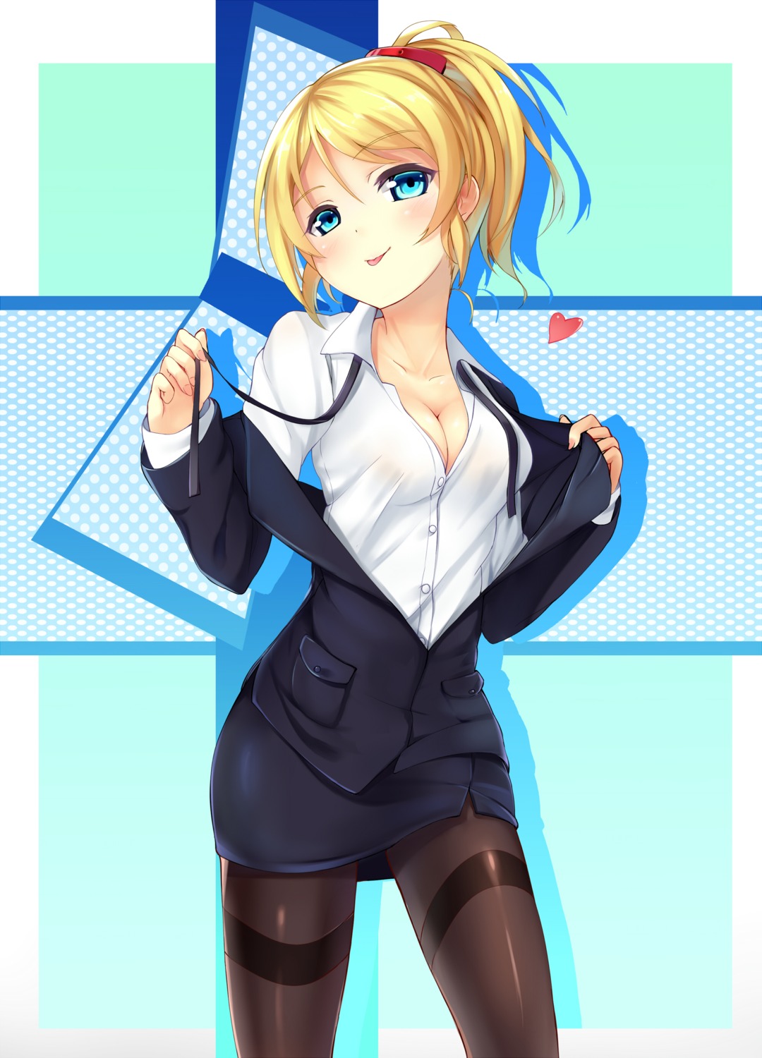 ayase_eli, business_suit, cleavage, kaede_(yumesaki_kaede), love_live!, love_live!_(series), pantyhose, undressing
